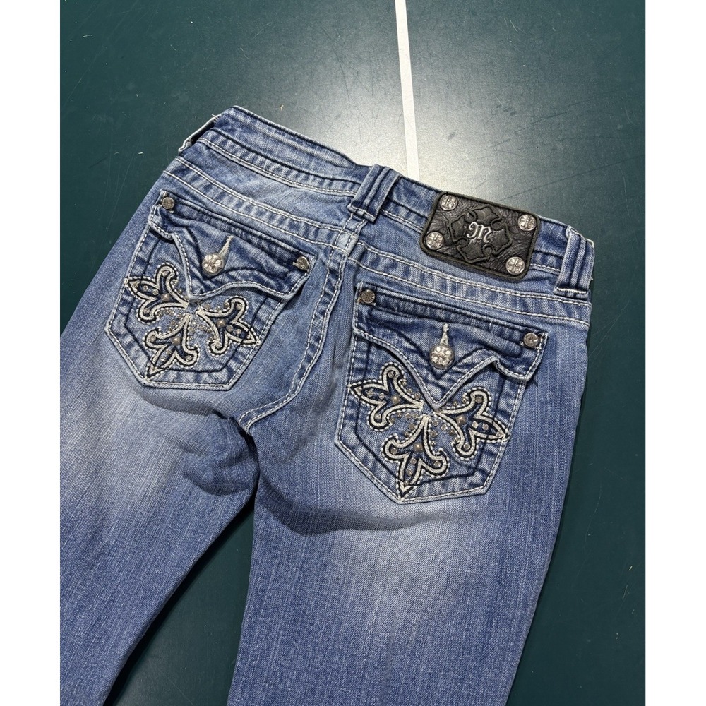Miss Me Low Rise Boot Cut Jeans Women's 25 Medium Wash Rhinestone Embellished